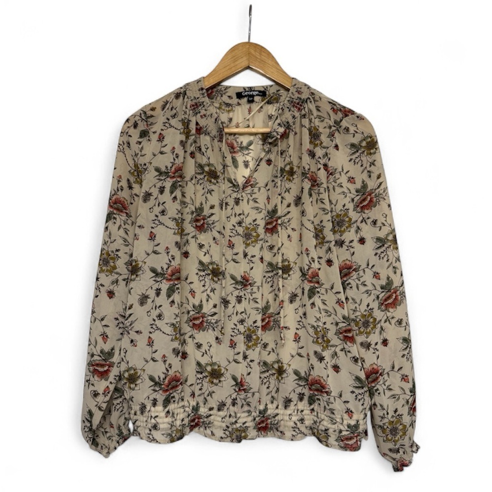 Boho Peasant Blouse Women's Small Beige Long Sleeve Smocked